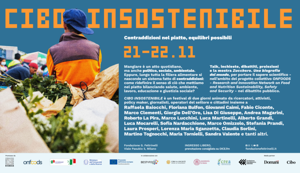 locandina festival cibo insostenibile con persone al mercato