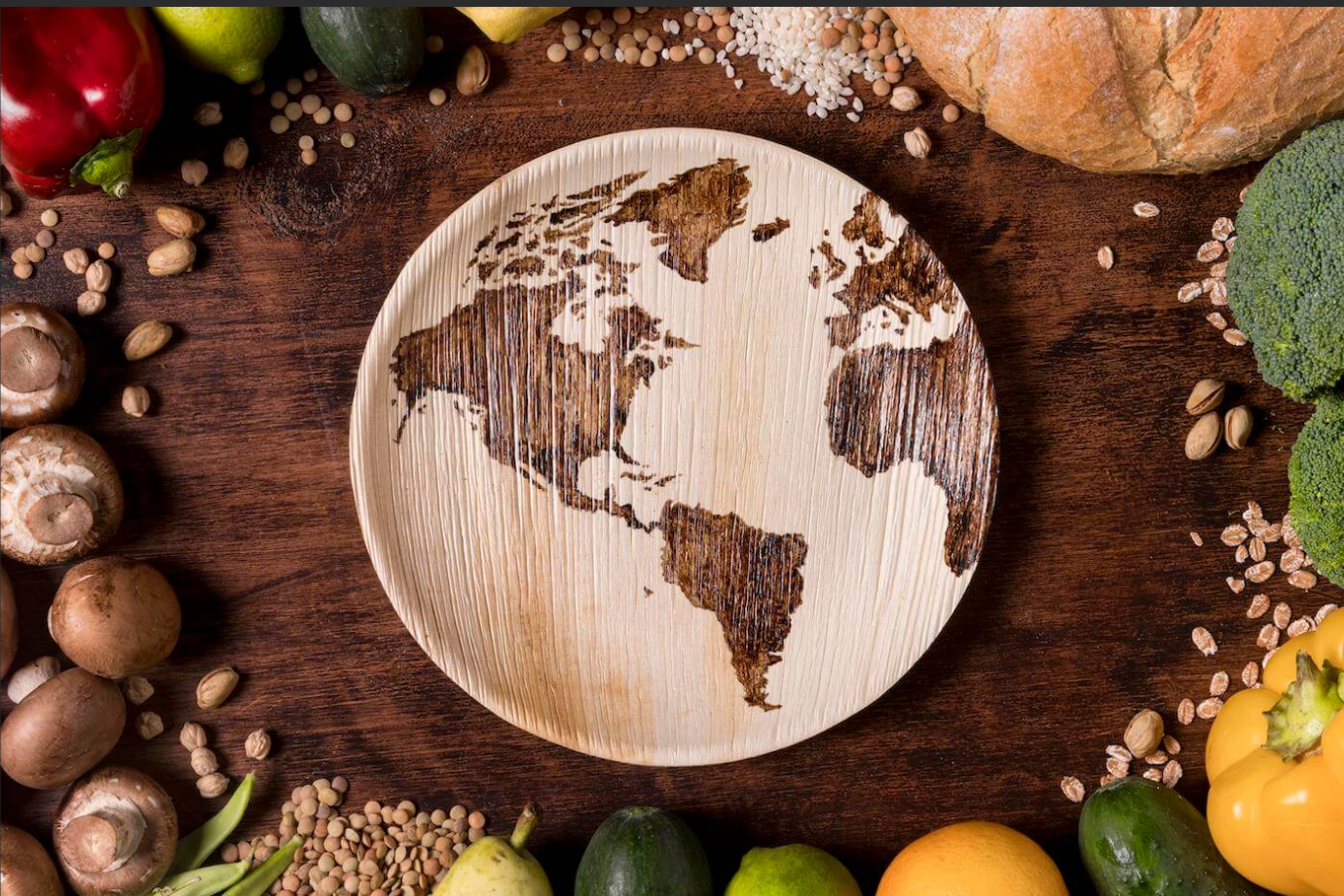 immagine del mondo stilizzata, creata da sementi e circondata da cibo